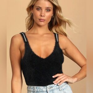 LULU’S EXTRA GLITZ BLACK RHINESTONE EYELASH LACE SWEATER TANK